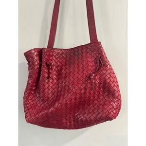 Bottega Veneta Leather Woven Drawstring Shoulder Bag Burgundy Designer